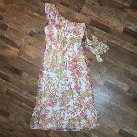 One Shoulder Maxi Dress M Tropical Summer Resortwear Belt Chiffon Wedding Guest - Picture 4 of 12